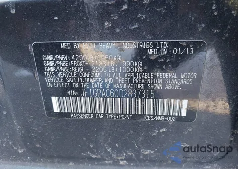 2013 Subaru Impreza 2.0I Premium z USA, uszkodzony, nr VIN JF1GPAC60D2837315